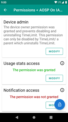 TimeLimit permission overview with granted device owner permission